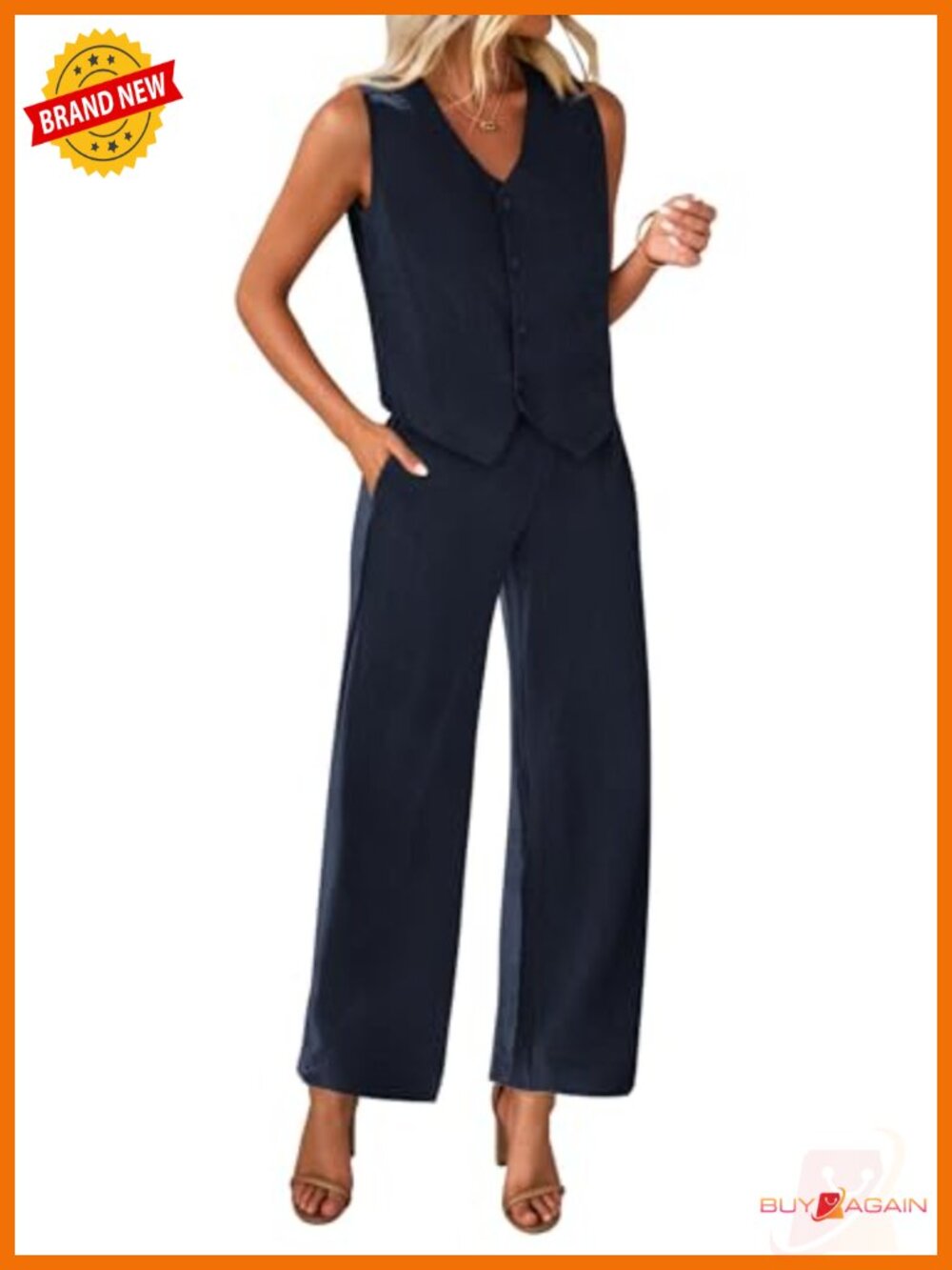 2 Piece Summer Blazer Set Women Suit Set Button Front Vest Wide Leg Pants